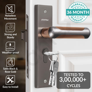 Plantex Heavy-Duty Door Lock Set - Main Door Lock Handle Set/Mortise Lock with 3 Keys, Brass Lock Body & Cylinder (8124 - Satin Black & PVD Choco)