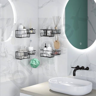 Plantex GI Steel Bathroom Accessories Self Adhesive/Self Adhesive Kitchen Shelf with Side Hooks to Hang Loofah, Soap Holder & Magic Stickers - Black, Powder Coated (Pack of 4)