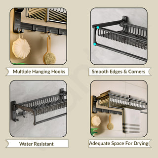 Plantex Aluminum Folding Towel Rack in Bathroom/Towel Holder in Bathroom/Towel Rod with Hooks/Bathroom Accessories (24 Inch) Black