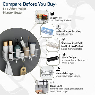 Plantex Stainless Steel Self Adhesive Bathroom Shelf/No Drill Bathroom Organizer with Hooks/Washroom Shelf- Pack of 1(Chrome)