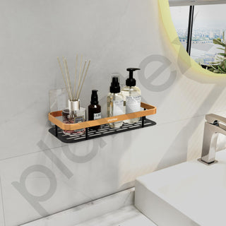 Plantex Drill Free Aluminium Bathroom Shelf/Self Adhesive Shelf for Kitchen with Golden Railing & Magic Stickers/Floating Storage Organiser (12x5 inches, Gold & Black) - Pack of 1