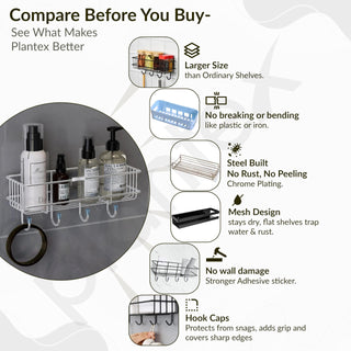 Plantex Stainless Steel Bathroom Organiser Without Drill/Multipurpose Shelf with Hooks/Drill Free Shampoo Holder for Bathroom - Wall Mount - Pack of 2 (Chrome)