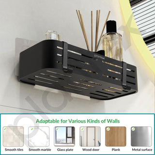 Plantex Self Adhesive Shelf for Bathroom Wall/Aluminium Kitchen Rack Adhesive with Removable Hooks & Magic Stickers/Bathroom Organiser Without Drill (12x5 inches, Matt Black)