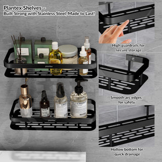 Plantex Self Adhesive Bathroom Shelf for Wall/Stainless Steel Rack with Aluminium Railing & Magic Stickers/Bathroom Organiser - Pack of 4 (12x5 inches, Black)