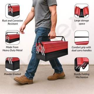 Plantex Tool Box Empty/Sturdy Tools Storage Box With Large Capacity/Empty Tool Box/Tool Organizer for Carpenter, Garage, And Home Essential Tools - 5 Compartments - (Red & Black) - Metal