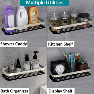 Plantex No Drill Bathroom Organiser/Self Adhesive Stainless Steel Shelf for Bathroom with Aluminium Railing/Shelf for Bedroom- Pack of 2 (12x5 inches, Satin & Black)