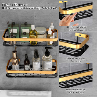 Plantex Self Adhesive Bathroom Shelf for Wall/Stainless Steel Rack with Aluminium Railing & Magic Stickers/Bathroom Organiser Without Drill- Pack of 4 (12x5 inches, Gold & Black)