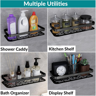 Plantex Bathroom Organiser Without Drill/Self Adhesive Stainless Steel Shelf for Bathroom with Aluminium Railing- Pack of 2 (12x5 inch, Black)