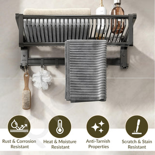 Plantex Aluminum Folding Towel Rack in Bathroom/Towel Holder in Bathroom/Towel Rod with Hooks/Bathroom Accessories (24 Inch) Black