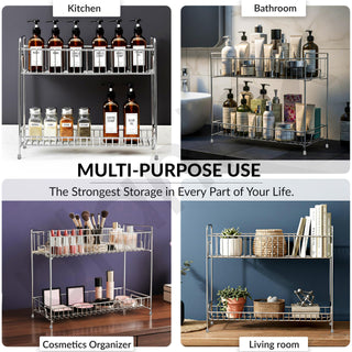 Plantex Stainless Steel 2-Tier Tiered Shelf Table Mount Kitchen Organizer/Spice Rack/Multipurpose Storage Stand/Racks For Kitchen (Chrome)