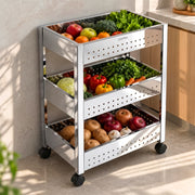 Plantex Stainless Steel 3-Tier Vegetable Storage Basket for Kitchen/Onion Garlic Stand-Trolley (Square Profile-Silver)