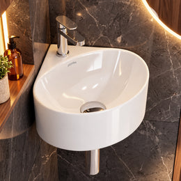 Plantex Ceramic Wall Hung Basin/Corner Bathroom Basin/Wall Mounted Wash Basin with 10 Years Glaze Warranty/Sink for Living Room (Eva -White- 14x14x6 inch)