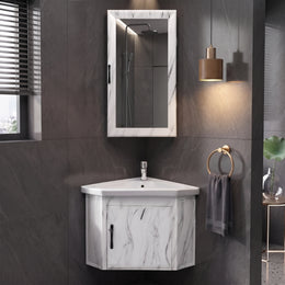 Plantex Glass, Ceramic, HPP Unbrekable Wall Mount Vanity Cabinet with Washbasin and Mirror/Corner Basin with Cabinet for Bathroom - (484, White)