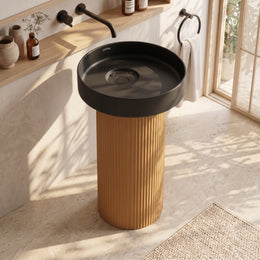 Plantex Acrylic Resin & Quartz Pedestal Basin for Bathroom/One Piece Pedestal Free Standing Round Wash Basin for living Room/Hotel (Black & Gold)