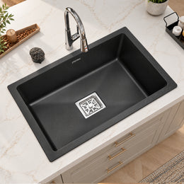 Plantex Single Bowl Kitchen Sink/Quartz Sink For Kitchen/Non-Fading Matt Black Colour With Uv Protection/Undermount/Topmount (Black - 18 X 16 Inches)