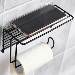 Plantex GI Steel Self Adhesive Toilet Paper Holder/Tissue Paper Roll Holder with Mobile Stand/Towel Bar Hanger Storage Rack/Bathroom Accessories(Black)