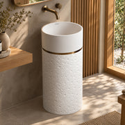 Plantex Acrylic Resin & Quartz Pedestal Basin for Bathroom/One Piece Pedestal Free Standing Round Wash Basin for living Room/Hotel (Beige)