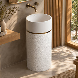 Plantex Acrylic Resin & Quartz Pedestal Basin for Bathroom/One Piece Pedestal Free Standing Round Wash Basin for living Room/Hotel (Beige)