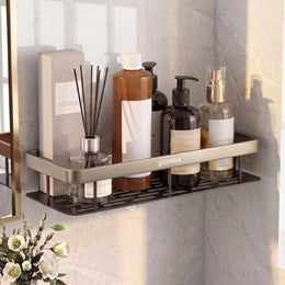 Plantex Bathroom Organizer Without Drill/Stainless Steel & Aluminium Shelf for Wall with Adhesive Stickers - Pack of 1 (12x5 inches, Satin & Black)