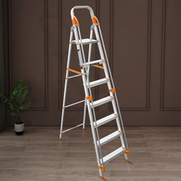 Plantex Secura 7 Step Aluminium Ladder for Home/Foldable Ladder with Safe Hand Rails/5 Year Manufacturer Warranty(Orange-Silver)