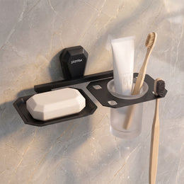 Plantex 2in1 Soap Dish with Tumbler Holder for Bathroom/304 Grade Stainless Steel Soap Holder with Toothbrush Holder/Bathroom Accessories - Pack of 1 (PMB-2409, Z-Black)