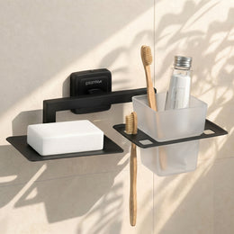 Plantex Decan 304 Grade Stainless Steel Soap and Brush Holder Stand for Bathroom/Tumbler Holder with Soap Holder/Bathroom Accessories - (Black)