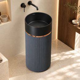 Plantex Matt Pedestal Wash Basin/Acrylic Resin & Quartz Free Standing Wash Basin/Round Basin For Bathroom/Home/Hotel/Restaurant- (Black And Grey, 16 X 16 X 34 Inch)