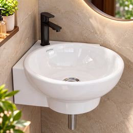 Plantex Ceramic White Corner Wash Basin/Wall Mount Basin for Bathroom/Corner Bathroom Basin/Glossy Small Sink with 10 Years Glaze Warranty by Plantex (Lily -14 x 16.5 x 5.5 Inch)