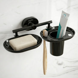 Plantex J4 Stainless Steel Soap Dish with Tumbler Holder/Soap and Brush Holder for Bathrooom/2 in 1 Soap Holder with Toothbrush Holder/Bathroom Accessories (PVD Black Finish) Onix