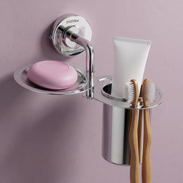 Plantex 304 Grade Stainless Steel 2in1 Soap Holder with Tumbler Holder/Bathroom Accessories - Daizy (Chrome)