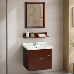 Plantex Glass, Ceramic, HPP Wall Mount Vanity Cabinet with Washbasin and Mirror/Unbrekable Bathroom Organizer/Washbasin with Cabinet (Brown)
