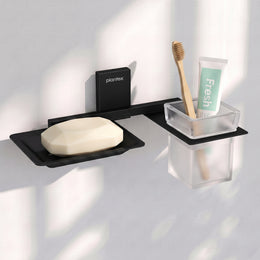 Plantex 304 Grade Stainless Steel Soap Dish with Glass Toothbrush Holder/Soap Stand/Soap Case with Tumbler/Bathroom Accessories - (Crystal, Black)