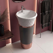 Plantex Matt Acrylic Resin & Quartz Pedestal Basin For Bathroom/Designer One Piece Pedestal Free Standing Round Wash Basin For Living Room/Hotel (White & Grey)