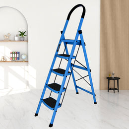 Plantex Ladder for Home - Premium Steel Foldable 5-Step Ladder - Anti Skid Strong Steps with 5 Years Manufacturer Warranty (Blue & Black)-refurbished