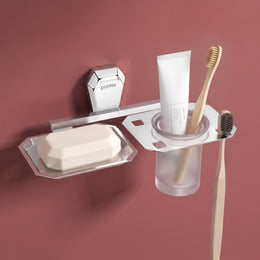 Plantex 2in1 Soap Dish with Tumbler Holder for Bathroom/304 Grade Stainless Steel Soap Holder with Toothbrush Holder/Bathroom Accessories - Pack of 1 (PM-2409, Chrome)