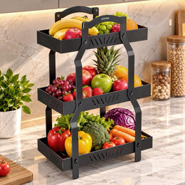 Plantex Metal Fruit Basket for Kitchen/Vegetable Storage Stand/3-Tier Multipurpose Storage Rack for Countertop  Pack of 1, Black (30.5 x 18 x 47.5 cm)