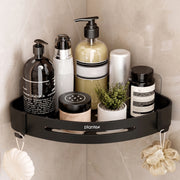 Plantex Self Adhesive Bathroom Corner Shelf/Bathroom Shelf Corner with Removable Hooks/Aluminum No Drill Bathroom Corner Organiser/Rack(9x9 inch Matt Black)