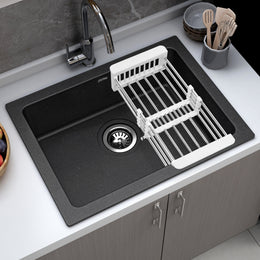 Plantex Quartz Acrylic Kitchen Sink With 10 Years Warranty/Undermount Sink For Kitchen/Metalic Single Bowl Kitchen Sinks With Coupling (Siapan-24X18 Inches), Metallic, Black