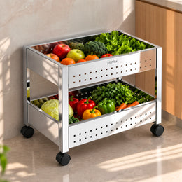 Plantex Vegetable Trolley with Wheels/Onion Potato Rack for Kitchen/Vegetable Storage Rack/Stainless Steel Kitchen Organizer/Fruit Basket (Silver)