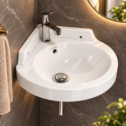 Plantex White Corner Wash Basin/Wall Mount Basin for Bathroom/Ceramic Tabletop Basin with 10 Years Glaze Warranty by Plantex/Small Corner Sink (Breva - 14.5 x 14.5 x 5 Inch)