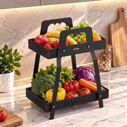 Plantex Metal Vegetable Basket Stand/2-Tier Fruit Basket for Dining Table/Multipurpose Storage Rack for Kitchen Countertop  Pack of 1, Black (30 x 17.5 x 35 cm)