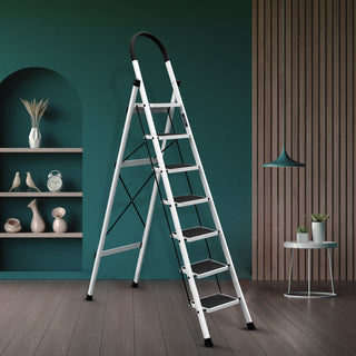 Plantex Steel Ladder for Home/Strong Foldable Wide 7 Step Ladder/Anti-Skid 7 Step Ladder - (Apex - White)-refurbished