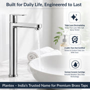 Plantex Pure Brass High Neck Pillar Cock tap for wash Basin with Teflon Tape/Table top wash Basin tap (OCE-1322, Chrome)