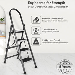Plantex 4 Step Ladder for Home-Foldable Steel -Wide Anti Skid Steps - 5 Year Manufacturer Warranty (Gray & White)-refurbished