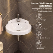 Plantex White Corner Wash Basin/Wall Mount Basin for Bathroom/Ceramic Tabletop Basin with 10 Years Glaze Warranty by Plantex/Small Corner Sink (Breva - 14.5 x 14.5 x 5 Inch)