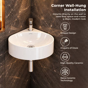 Plantex Ceramic Wall Hung Basin/Corner Bathroom Basin/Wall Mounted Wash Basin with 10 Years Glaze Warranty/Sink for Living Room (Eva -White- 14x14x6 inch)