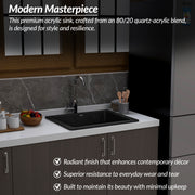 Plantex Quartz Acrylic Kitchen Sink With 10 Years Warranty/Undermount Sink For Kitchen/Metalic Single Bowl Kitchen Sinks With Coupling (Siapan-24X18 Inches), Metallic, Black