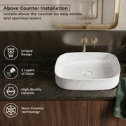 Plantex Wash Basin for Bathroom/Ceramic Table Top Washbasin/Countertop Vessel Sink Basin - (White Marble, 21.5 x 15 x 6 Inch)