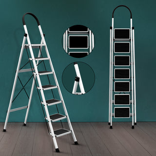 Plantex Steel Ladder for Home/Strong Foldable Wide 7 Step Ladder/Anti-Skid 7 Step Ladder - (Apex - White)-refurbished