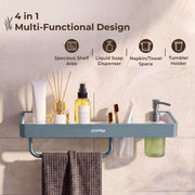 Plantex 4in1 Shelf for Bathroom/Aluminium and Acrylic Shelf with Tumbler Holder, Liquid Soap Dispenser and Napkin Space/Bathroom Organizer with Drill-Pack of 1(Grey and Milky White)